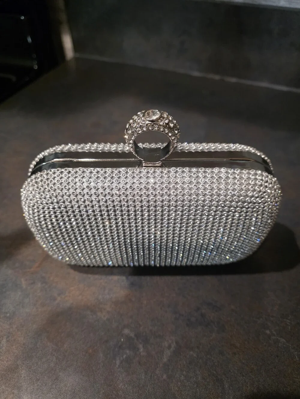 Silver Crystal Evening Clutch Bag with Ring Handle
